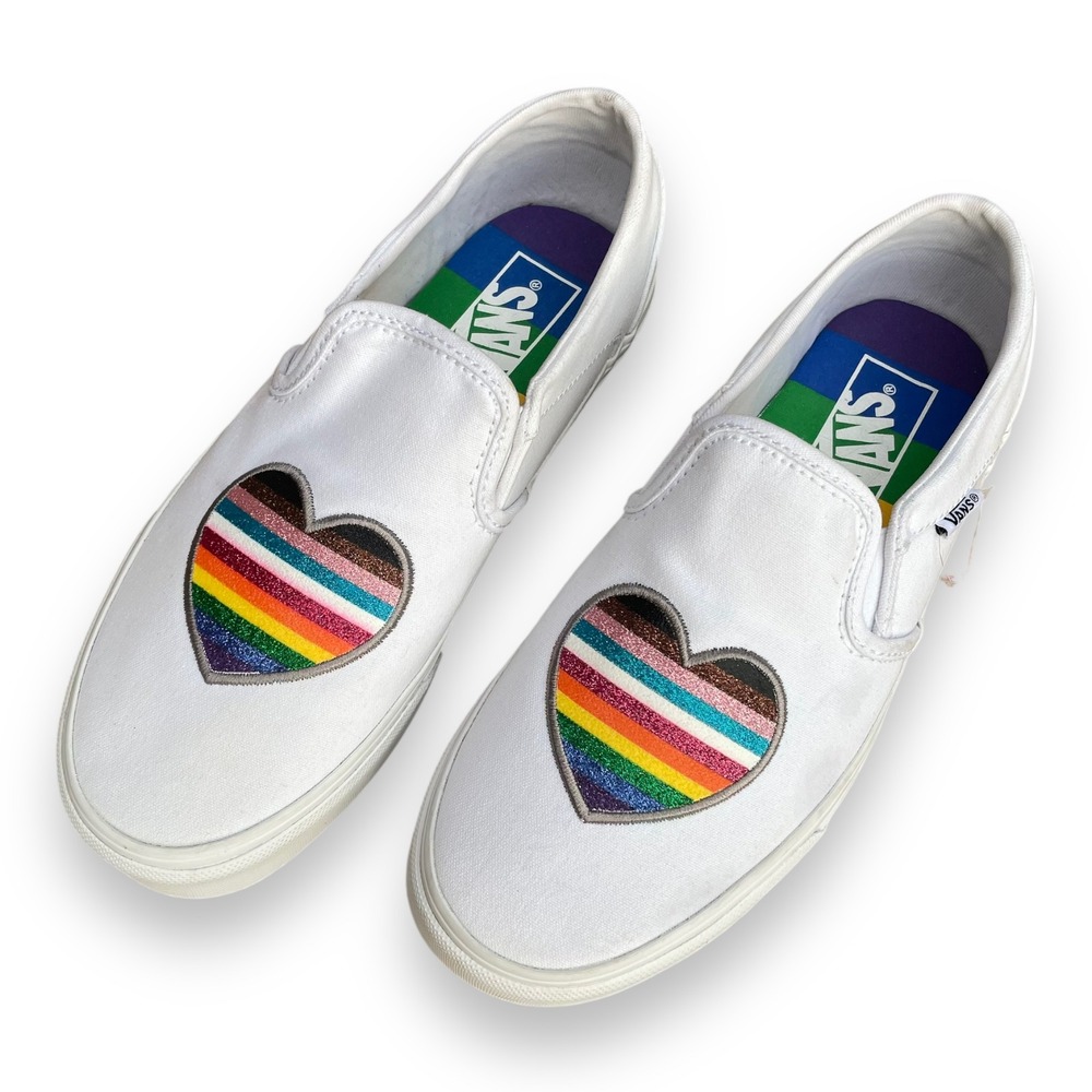 Vans Classic Slip-On Pride Rainbow Heart White Canvas Sneakers Shoes Women's 8